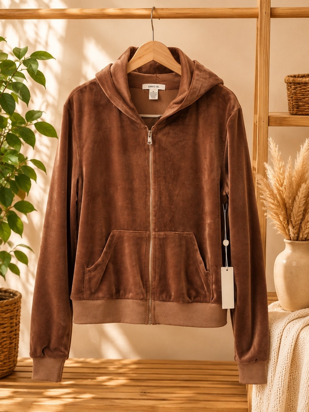 Always Brown Velour Zip Hoodie Jacket